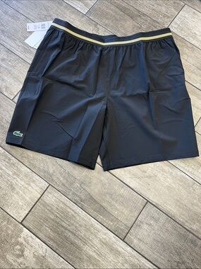 Novak Djokovic Lacoste Men's Black Taffeta Athletic Shorts Gold-Trim Waistband